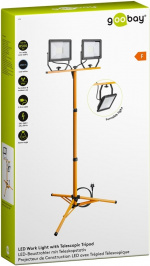 Goobay LED-konstruktionsstrålkastare med teleskopisk stativ, 2x 50 W med totalt 8500 lm och kallvitt ljus (6500 K), lämpligt för inomhus- och utomhusbruk (IP65)