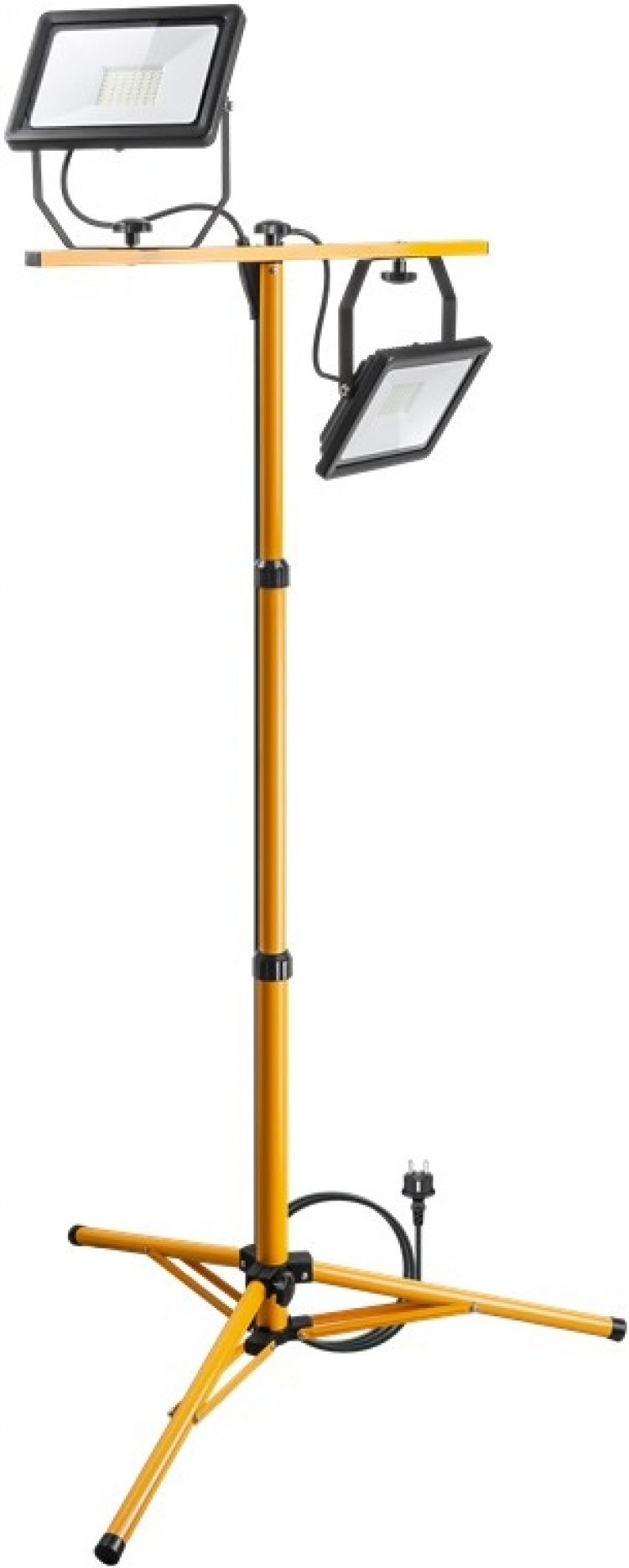 Goobay LED-konstruktionsstrålkastare med teleskopisk stativ, 2x 50 W med totalt 8500 lm och kallvitt ljus (6500 K), lämpligt för inomhus- och utomhusbruk (IP65)