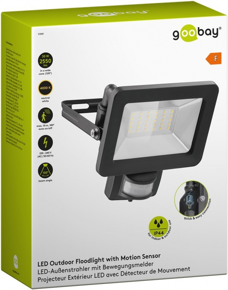 Goobay LED-strålkastare för utomhusbruk, 30 W, med rörelsedetektor med 2550 lm, neutralt vitt ljus (4000 K), PIR-sensor med ON/OFF-funktion och M16 kabelgenomföring, lämplig för utomhusbruk (IP44) Goobay LED-strålkastare för utomhusbruk, 30 W, med rörelsedetektor med 2550 lm, neutralt vitt ljus (4000 K), PIR-sensor med ON/OFF-funktion och M16 kabelgenomföring, lämplig för utomhusbruk (IP44)