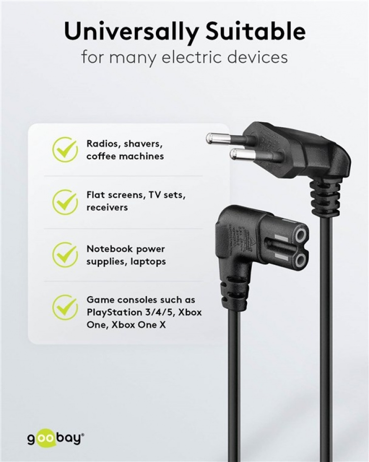 Goobay Anslutningskabel Euro-kontakt vinklad i båda ändar, 0,3 m, svart Euro-kontakt (typ C, CEE 7/16) > apparatuttag C7