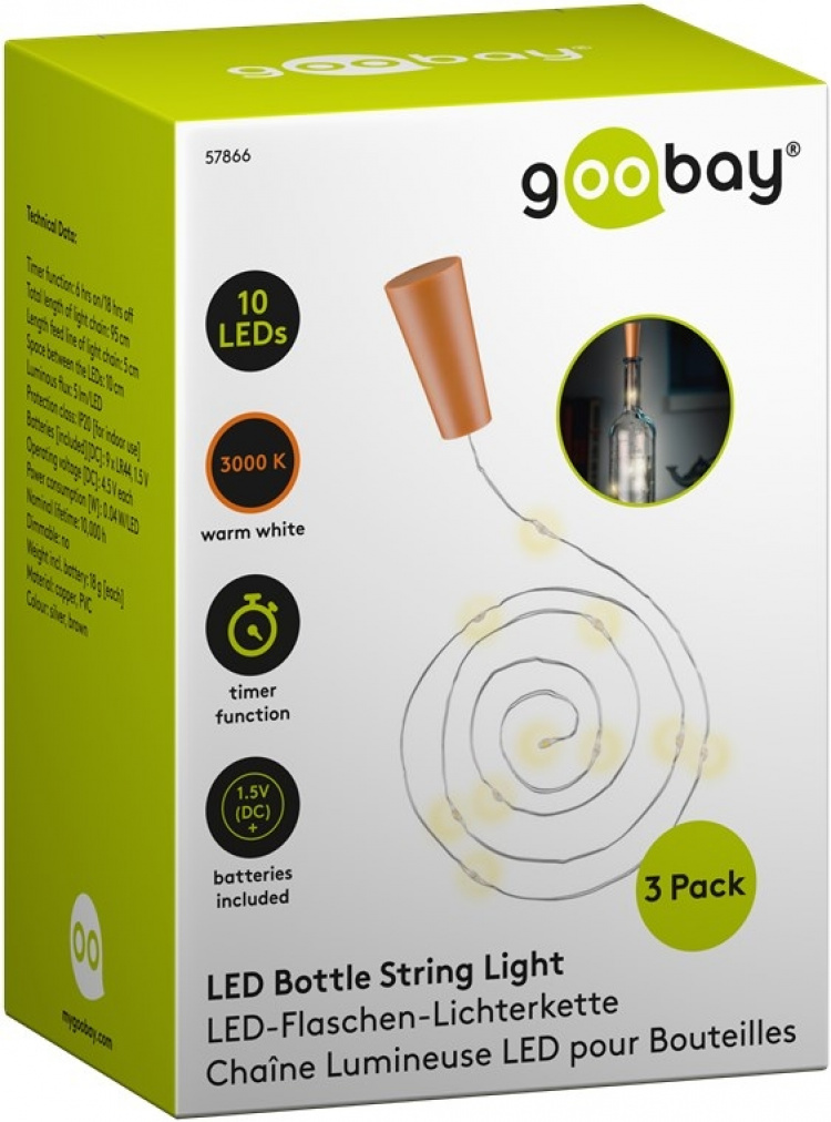 Goobay 3x 10 LED-flasklampor, inkl. timer atmosfärisk ljusdekoration för glasflaskor