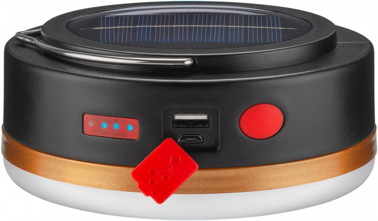Goobay LED-solcellcampinglampa med IR-fjärrkontroll med 6 ljuslägen, solpanel, Li-ion-batteri 18650 (3,7 V, 2000 mAh), powerbank-funktion och USB-kabel, lämplig för utomhusbruk (IP44)