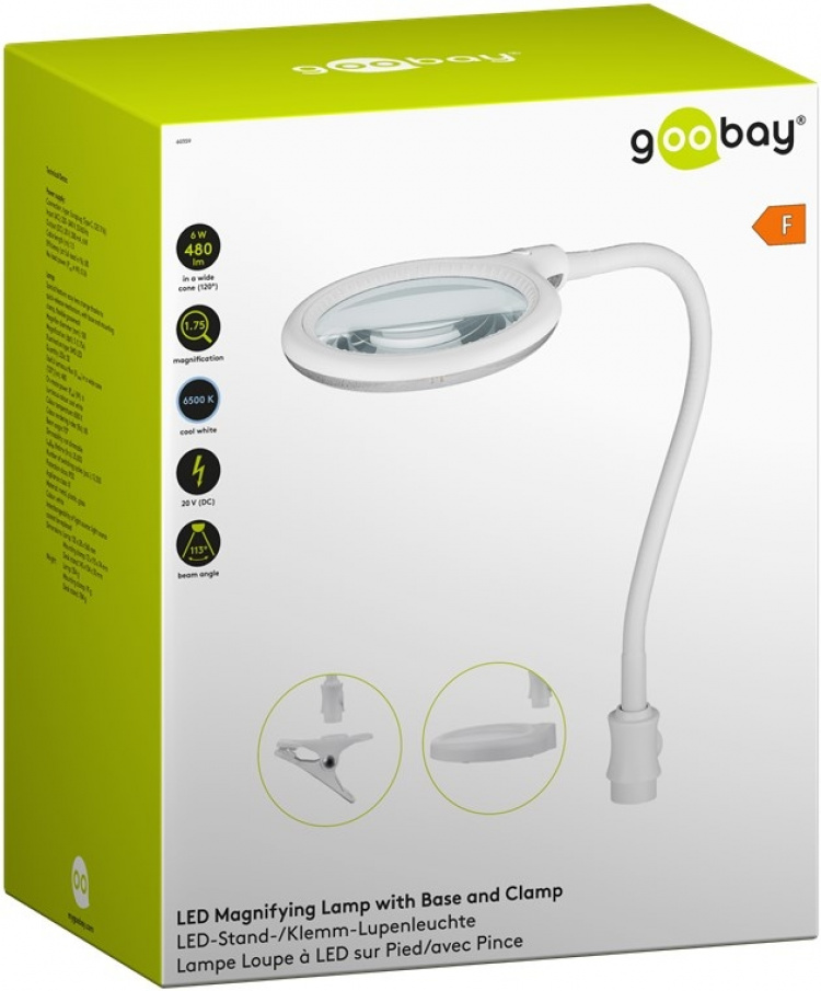 Goobay LED-förstoringslampa med stativ/klämma, 6 W, vit 480 lm, 100 mm glaslins, 1,75x förstoring, 3 dioptrier Goobay LED-förstoringslampa med stativ/klämma, 6 W, vit 480 lm, 100 mm glaslins, 1,75x förstoring, 3 dioptrier