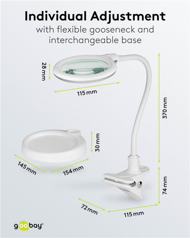 Goobay LED-förstoringslampa med stativ/klämma, 6 W, vit 480 lm, 100 mm glaslins, 1,75x förstoring, 3 dioptrier Goobay LED-förstoringslampa med stativ/klämma, 6 W, vit 480 lm, 100 mm glaslins, 1,75x förstoring, 3 dioptrier