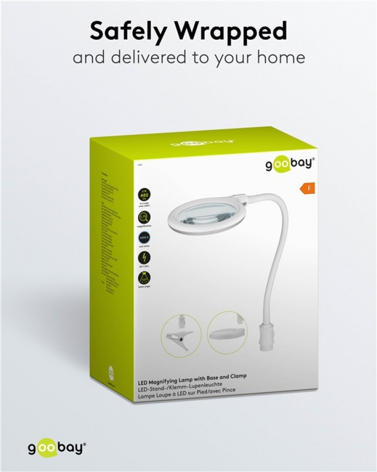 Goobay LED-förstoringslampa med stativ/klämma, 6 W, vit 480 lm, 100 mm glaslins, 1,75x förstoring, 3 dioptrier Goobay LED-förstoringslampa med stativ/klämma, 6 W, vit 480 lm, 100 mm glaslins, 1,75x förstoring, 3 dioptrier