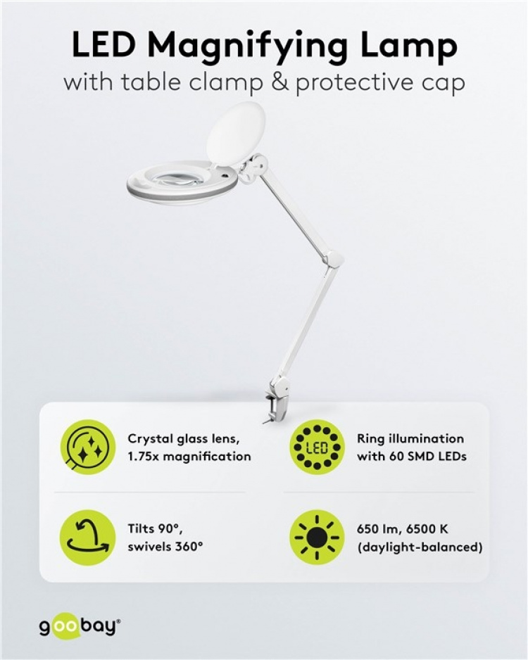 Goobay LED-suurennusvalaisin kiinnikkeellä, 8 W, valkoinen 650 lm, 127 mm:n kristallilasilinssi, 1,75x suurennus, 3 dioptriaa