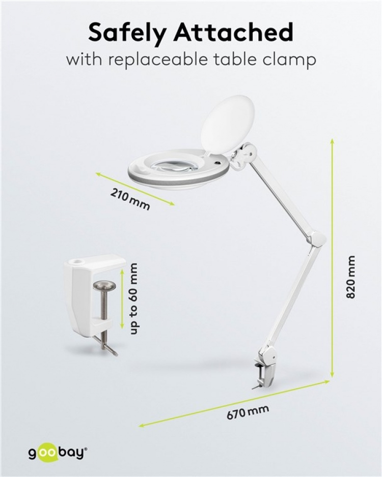 Goobay LED-suurennusvalaisin kiinnikkeellä, 8 W, valkoinen 650 lm, 127 mm:n kristallilasilinssi, 1,75x suurennus, 3 dioptriaa