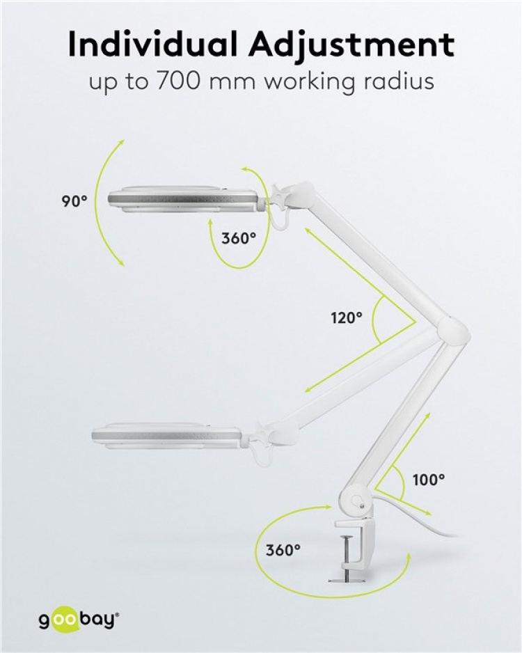 Goobay LED-suurennusvalaisin kiinnikkeellä, 8 W, valkoinen 650 lm, 127 mm:n kristallilasilinssi, 1,75x suurennus, 3 dioptriaa
