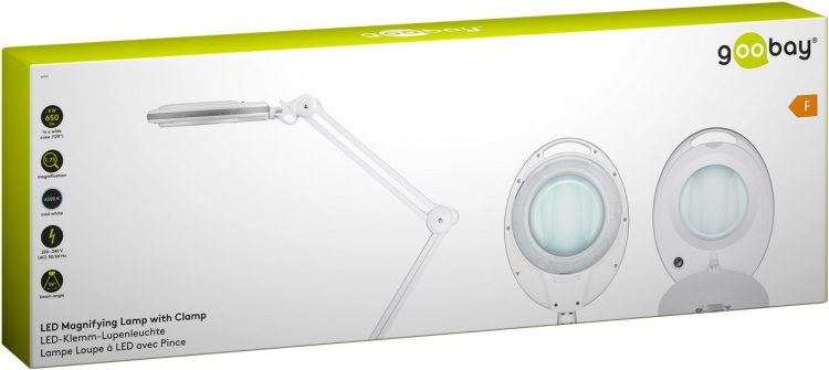 Goobay LED-förstoringslampa med klämma, 8 W, vit 650 lm, 127 mm glaslins, 1,75x förstoring, 3 dioptrier