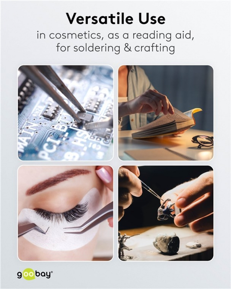 Goobay LED-förstoringslampa med klämma, 8 W, vit 650 lm, 127 mm glaslins, 1,75x förstoring, 3 dioptrier