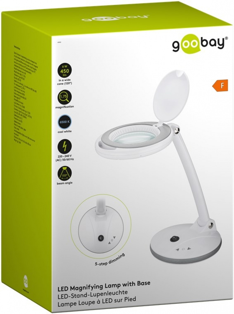 Goobay LED-förstoringslampa med stativ, 6 W, vit 80-450 lm, dimbar, 100 mm glaslins, 1,75x förstoring, 3 dioptrier Goobay LED-förstoringslampa med stativ, 6 W, vit 80-450 lm, dimbar, 100 mm glaslins, 1,75x förstoring, 3 dioptrier