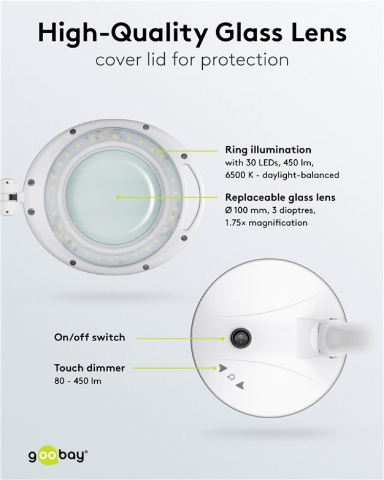 Goobay LED-förstoringslampa med stativ, 6 W, vit 80-450 lm, dimbar, 100 mm glaslins, 1,75x förstoring, 3 dioptrier Goobay LED-förstoringslampa med stativ, 6 W, vit 80-450 lm, dimbar, 100 mm glaslins, 1,75x förstoring, 3 dioptrier