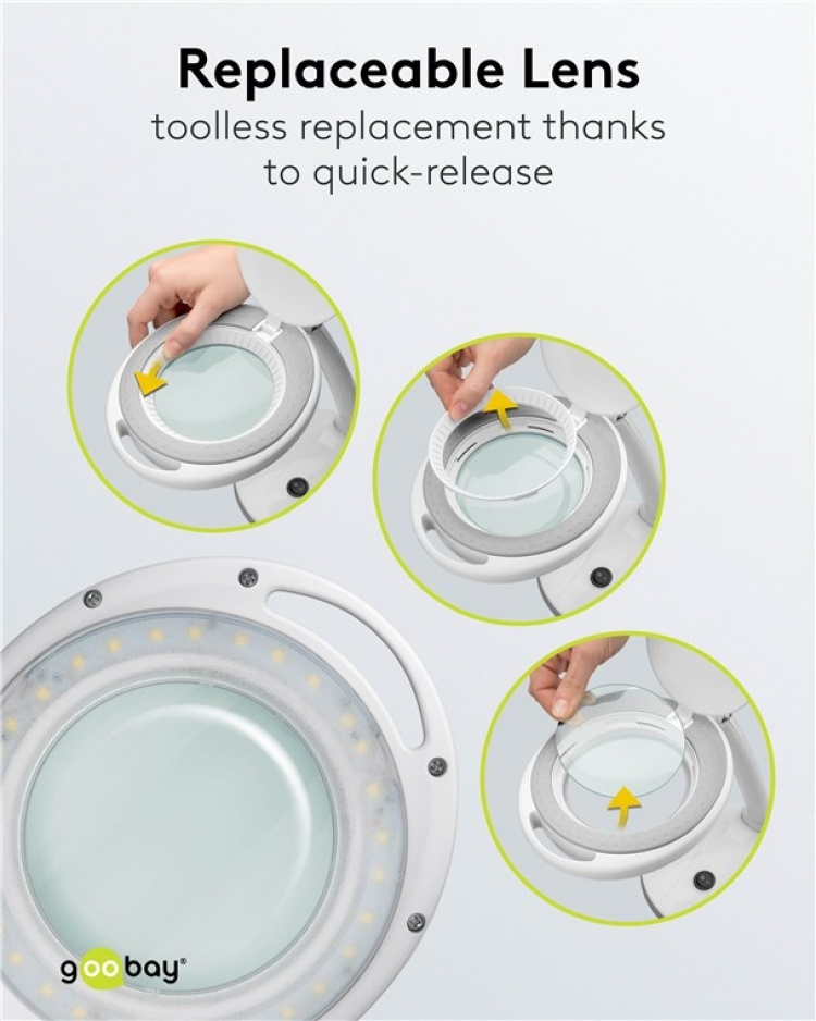 Goobay LED-förstoringslampa med stativ, 6 W, vit 80-450 lm, dimbar, 100 mm glaslins, 1,75x förstoring, 3 dioptrier Goobay LED-förstoringslampa med stativ, 6 W, vit 80-450 lm, dimbar, 100 mm glaslins, 1,75x förstoring, 3 dioptrier