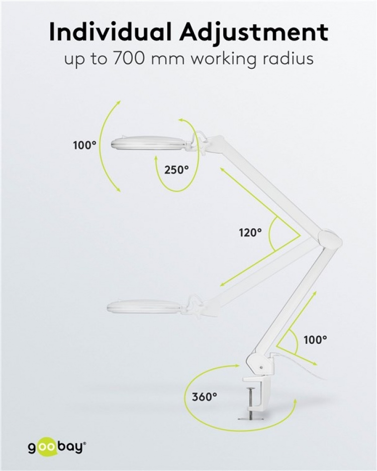 Goobay LED-suurennusvalaisin kiinnikkeellä, 10 W, valkoinen 800 lm, kirkkaus ja valon väri säädettävissä, 127 mm:n lasilinssi, 1,75-kertainen suurennus, 3 dioptriaa Goobay LED-suurennusvalaisin kiinnikkeellä, 10 W, valkoinen 800 lm, kirkkaus ja valon väri säädettävissä, 127 mm:n lasilinssi, 1,75-kertainen suurennus, 3 dioptriaa