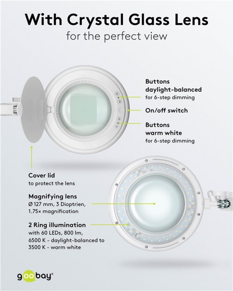 Goobay LED-suurennusvalaisin kiinnikkeellä, 10 W, valkoinen 800 lm, kirkkaus ja valon väri säädettävissä, 127 mm:n lasilinssi, 1,75-kertainen suurennus, 3 dioptriaa Goobay LED-suurennusvalaisin kiinnikkeellä, 10 W, valkoinen 800 lm, kirkkaus ja valon väri säädettävissä, 127 mm:n lasilinssi, 1,75-kertainen suurennus, 3 dioptriaa