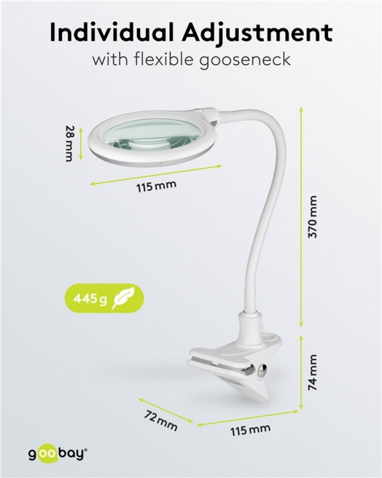 Goobay LED-förstoringslampa med klämma, 6 W, vit 480 lm, 100 mm glaslins, 1,75x förstoring, 3 dioptrier Goobay LED-förstoringslampa med klämma, 6 W, vit 480 lm, 100 mm glaslins, 1,75x förstoring, 3 dioptrier