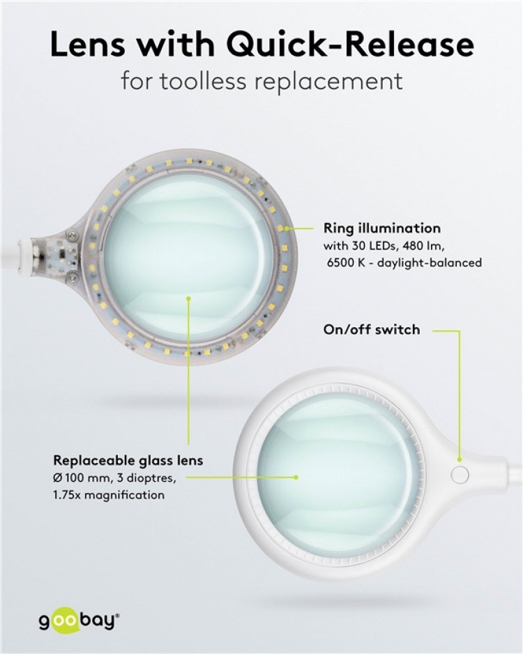 Goobay LED-förstoringslampa med klämma, 6 W, vit 480 lm, 100 mm glaslins, 1,75x förstoring, 3 dioptrier Goobay LED-förstoringslampa med klämma, 6 W, vit 480 lm, 100 mm glaslins, 1,75x förstoring, 3 dioptrier