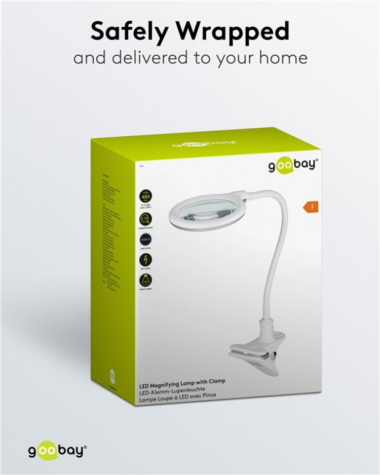 Goobay LED-förstoringslampa med klämma, 6 W, vit 480 lm, 100 mm glaslins, 1,75x förstoring, 3 dioptrier Goobay LED-förstoringslampa med klämma, 6 W, vit 480 lm, 100 mm glaslins, 1,75x förstoring, 3 dioptrier