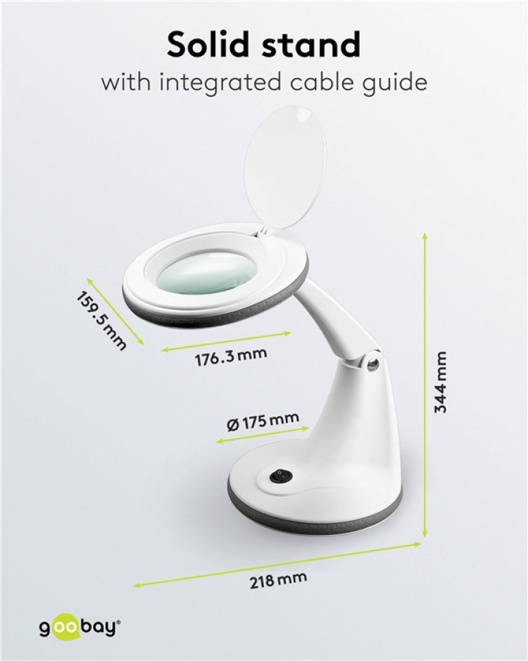 Goobay LED-förstoringslampa med stativ, 6 W, vit 450 lm, 100 mm glaslins, 1,75x förstoring, 3 dioptrier Goobay LED-förstoringslampa med stativ, 6 W, vit 450 lm, 100 mm glaslins, 1,75x förstoring, 3 dioptrier