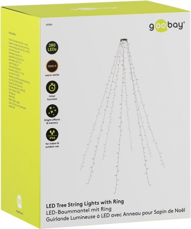 Goobay 280 LED överkast julgransbelysning med ring med timer och minnesfunktion, 8 ljuslägen, 24 V extern transformator, varmvitt (3000 K), för inomhus- och utomhusbruk (IP44) Goobay 280 LED överkast julgransbelysning med ring med timer och minnesfunktion, 8 ljuslägen, 24 V extern transformator, varmvitt (3000 K), för inomhus- och utomhusbruk (IP44)