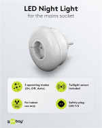 Goobay LED-yövalo seinäpistorasiaan, jossa on 3 toimintatilaa (On, Off, Auto), hämärätunnistin ja pistorasia suojamaadoituksella (tyyppi F) Goobay LED-yövalo seinäpistorasiaan, jossa on 3 toimintatilaa (On, Off, Auto), hämärätunnistin ja pistorasia suojamaadoituksella (tyyppi F)