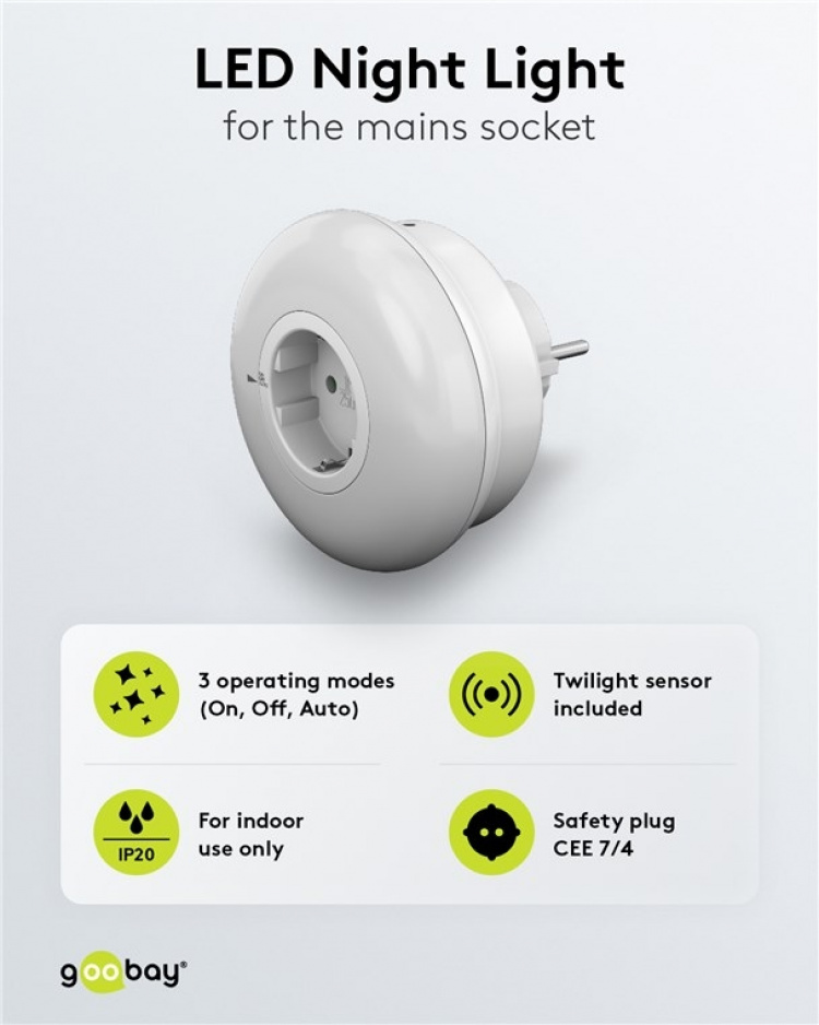 Goobay LED-yövalo seinäpistorasiaan, jossa on 3 toimintatilaa (On, Off, Auto), hämärätunnistin ja pistorasia suojamaadoituksella (tyyppi F) Goobay LED-yövalo seinäpistorasiaan, jossa on 3 toimintatilaa (On, Off, Auto), hämärätunnistin ja pistorasia suojamaadoituksella (tyyppi F)