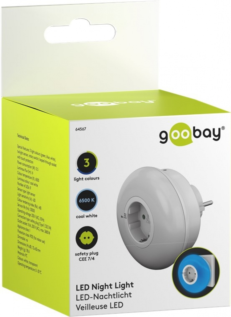 Goobay LED-nattlampa till vägguttag med färgskiftningsfunktion (grönt, blått, dagsljusvitt), skymningssensor och uttag med skyddsjord (typ F)