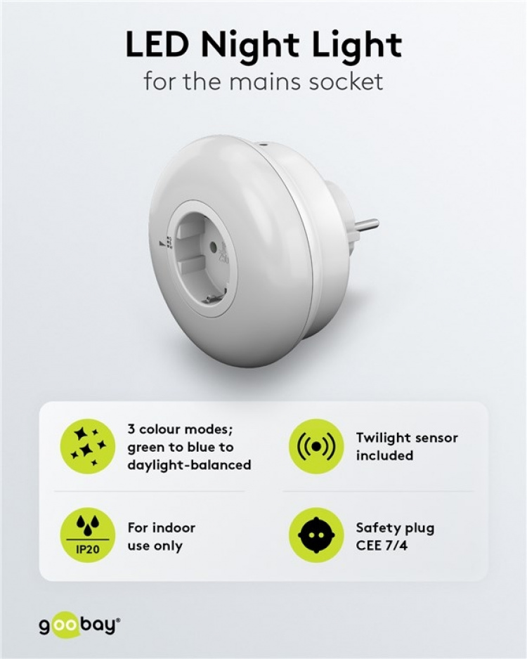 Goobay LED-nattlampa till vägguttag med färgskiftningsfunktion (grönt, blått, dagsljusvitt), skymningssensor och uttag med skyddsjord (typ F) Goobay LED-nattlampa till vägguttag med färgskiftningsfunktion (grönt, blått, dagsljusvitt), skymningssensor och uttag med skyddsjord (typ F)