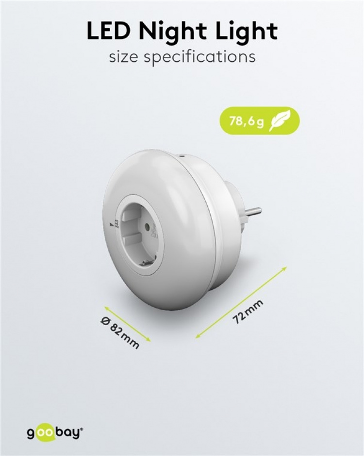 Goobay LED-nattlampa till vägguttag med färgskiftningsfunktion (grönt, blått, dagsljusvitt), skymningssensor och uttag med skyddsjord (typ F) Goobay LED-nattlampa till vägguttag med färgskiftningsfunktion (grönt, blått, dagsljusvitt), skymningssensor och uttag med skyddsjord (typ F)