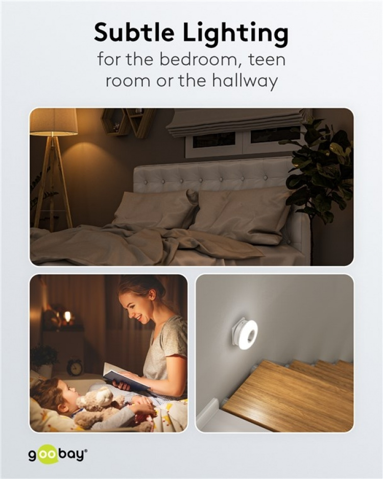 Goobay LED-nattlampa till vägguttag med färgskiftningsfunktion (grönt, blått, dagsljusvitt), skymningssensor och uttag med skyddsjord (typ F) Goobay LED-nattlampa till vägguttag med färgskiftningsfunktion (grönt, blått, dagsljusvitt), skymningssensor och uttag med skyddsjord (typ F)