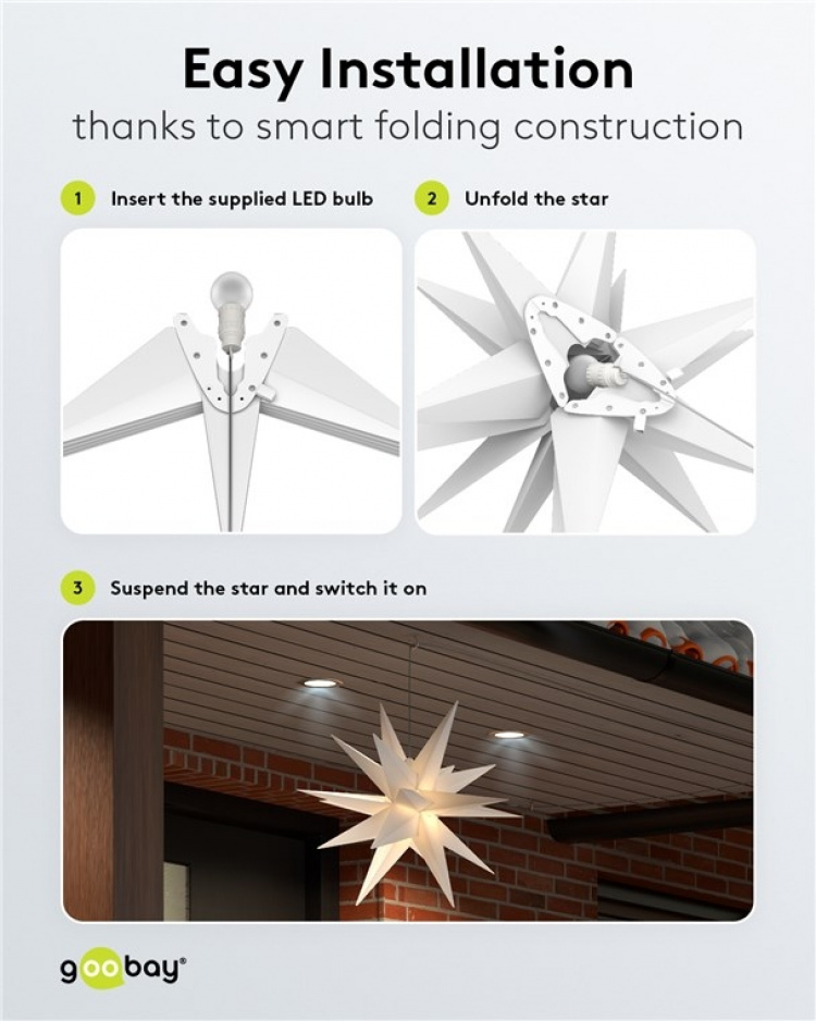 Goobay LED-julstjärna 3D, Ø 56 cm, batteridrivet med timer och 18 spetsar, varmvitt (3000 K), av väderbeständig plast (IP44), kabel 2 m Goobay LED-julstjärna 3D, Ø 56 cm, batteridrivet med timer och 18 spetsar, varmvitt (3000 K), av väderbeständig plast (IP44), kabel 2 m