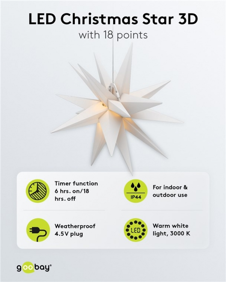 Goobay LED-julstjärna 3D, Ø 56 cm, 4,5 V utomhustransformator med timer och 18 spetsar, varmvitt (3000 K), av väderbeständig plast (IP44), kabel 9,5 m Goobay LED-julstjärna 3D, Ø 56 cm, 4,5 V utomhustransformator med timer och 18 spetsar, varmvitt (3000 K), av väderbeständig plast (IP44), kabel 9,5 m