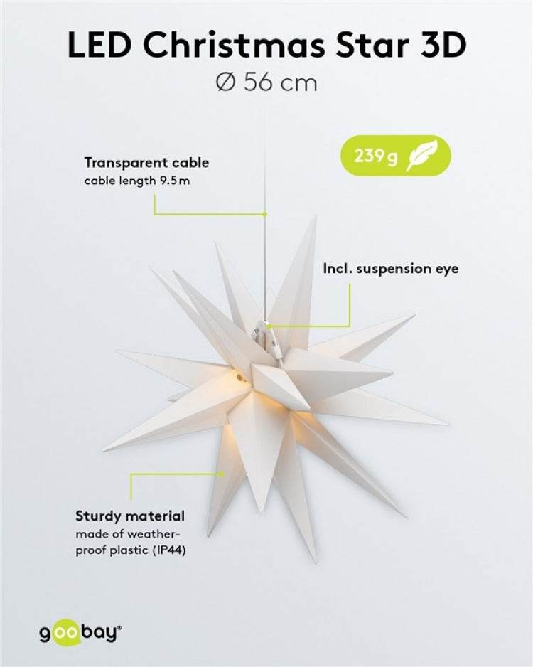 Goobay LED-julstjärna 3D, Ø 56 cm, 4,5 V utomhustransformator med timer och 18 spetsar, varmvitt (3000 K), av väderbeständig plast (IP44), kabel 9,5 m Goobay LED-julstjärna 3D, Ø 56 cm, 4,5 V utomhustransformator med timer och 18 spetsar, varmvitt (3000 K), av väderbeständig plast (IP44), kabel 9,5 m