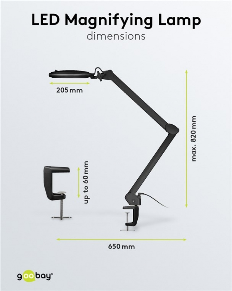 Goobay LED-förstoringslampa med klämma, 10 W, svart 800 lm, ljusstyrka och ljusfärg justerbar, 127 mm glaslins, 1,75x förstoring, 3 dioptrier