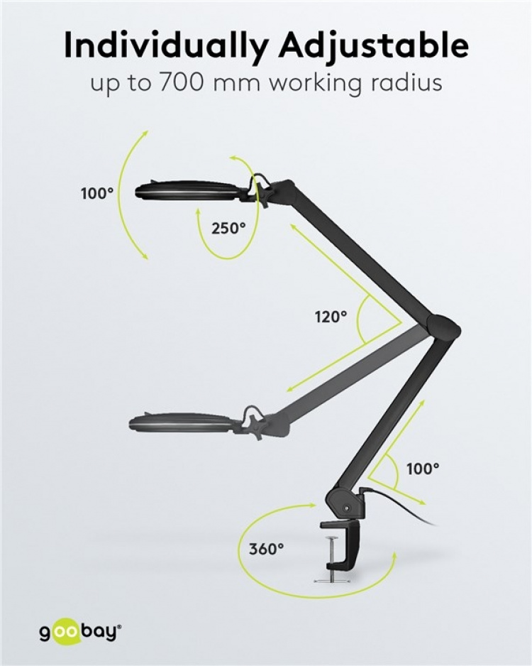 Goobay LED-förstoringslampa med klämma, 10 W, svart 800 lm, ljusstyrka och ljusfärg justerbar, 127 mm glaslins, 1,75x förstoring, 3 dioptrier