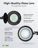 Goobay LED-förstoringslampa med klämma, 10 W, svart 800 lm, ljusstyrka och ljusfärg justerbar, 127 mm glaslins, 1,75x förstoring, 3 dioptrier