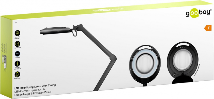 Goobay LED-förstoringslampa med klämma, 9 W, svart 80-730 lm, dimbar, 127 mm kristallglaslins, 1,75x förstoring, 3 dioptrier