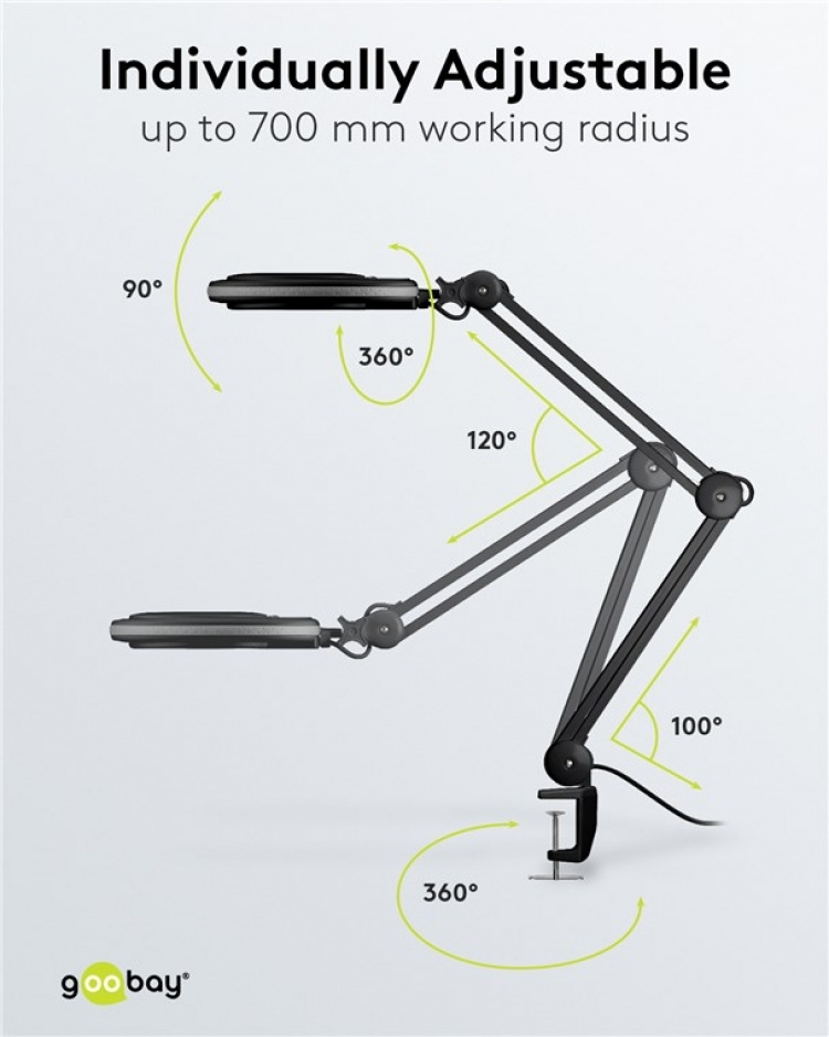 Goobay LED-förstoringslampa med klämma, 8 W, svart 650 lm, 127 mm glaslins, 1,75x förstoring, 3 dioptrier