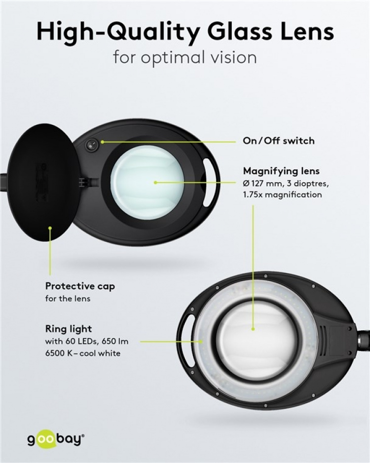 Goobay LED-förstoringslampa med klämma, 8 W, svart 650 lm, 127 mm glaslins, 1,75x förstoring, 3 dioptrier
