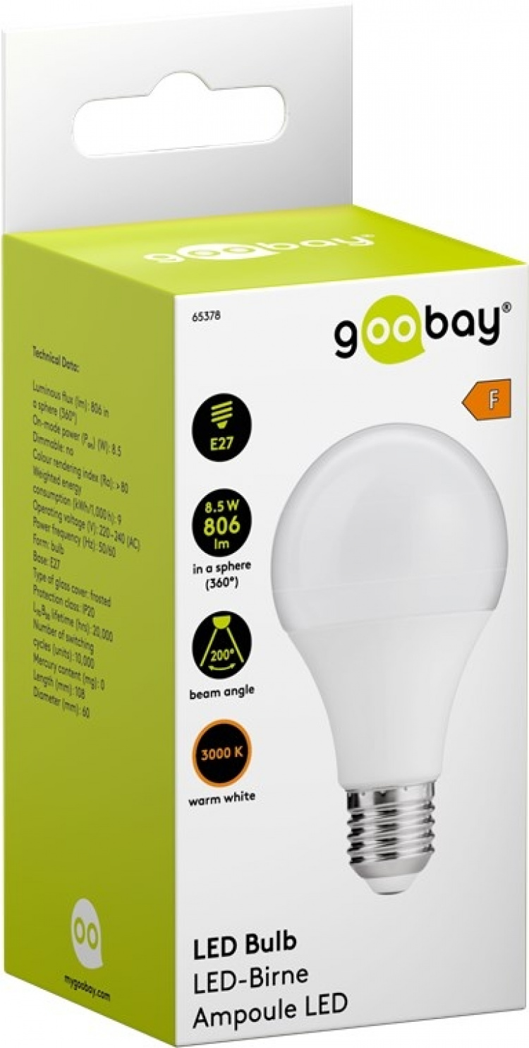 Goobay LED-lampa, 8,5 W sockel E27, varmvit, ej dimbar