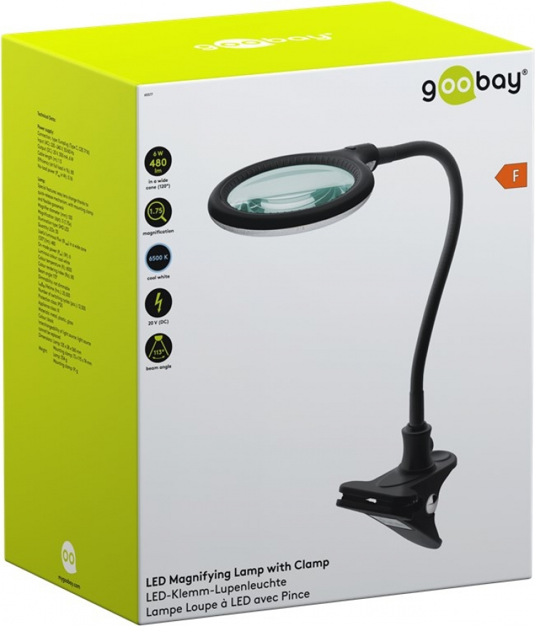 Goobay LED-förstoringslampa med klämma, 6 W, svart 480 lm, 100 mm glaslins, 1,75x förstoring, 3 dioptrier
