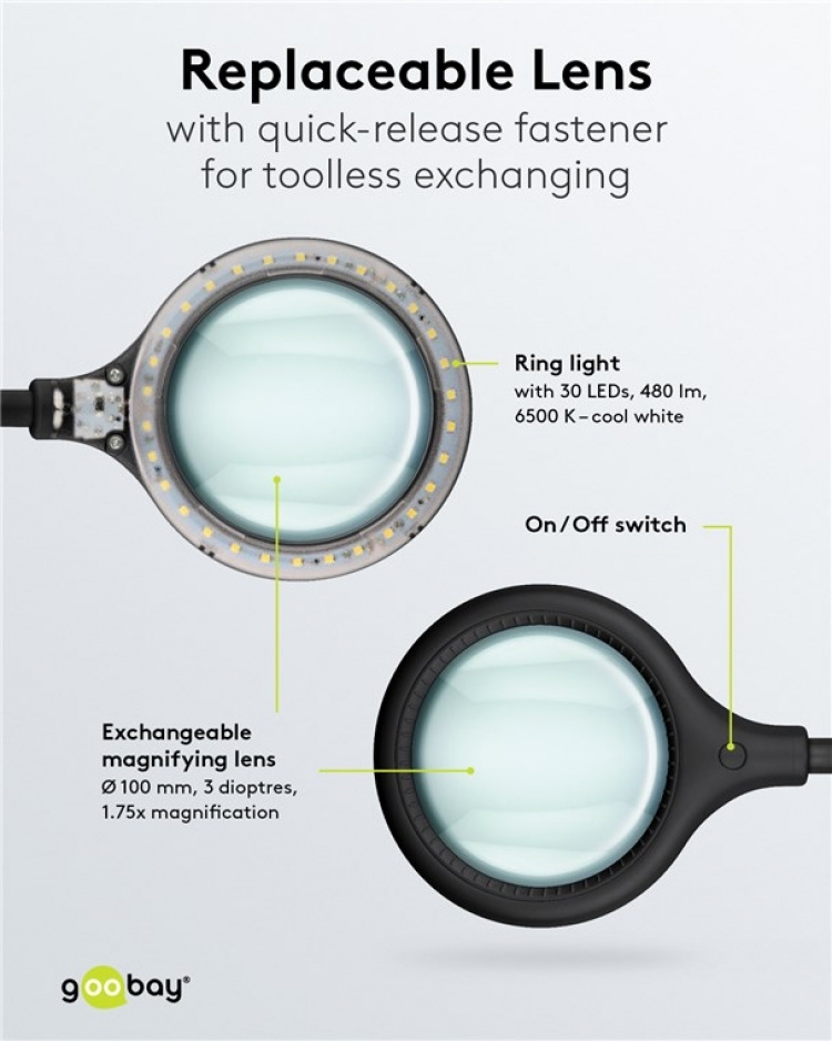 Goobay LED-förstoringslampa med klämma, 6 W, svart 480 lm, 100 mm glaslins, 1,75x förstoring, 3 dioptrier