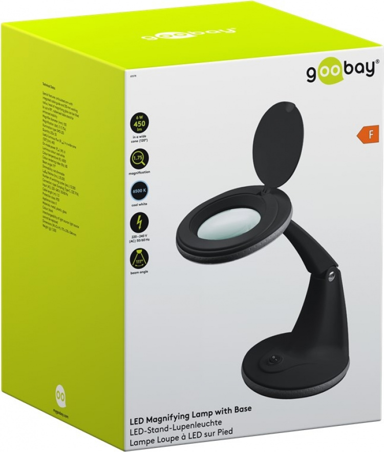 Goobay LED-förstoringslampa med stativ, 6 W, svart 450 lm, 100 mm glaslins, 1,75x förstoring, 3 dioptrier