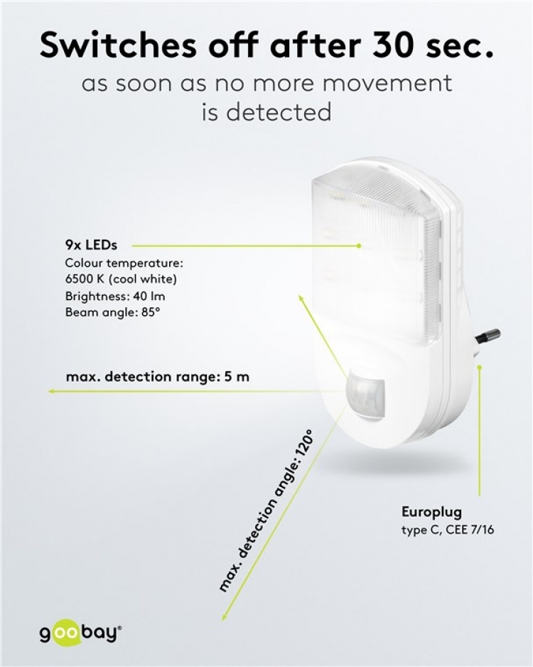 Goobay LED-nattljus med rörelsedetektor kallvit, 120° detektion, 5 m räckvidd, för inomhusbruk (IP20) Goobay LED-nattljus med rörelsedetektor kallvit, 120° detektion, 5 m räckvidd, för inomhusbruk (IP20)