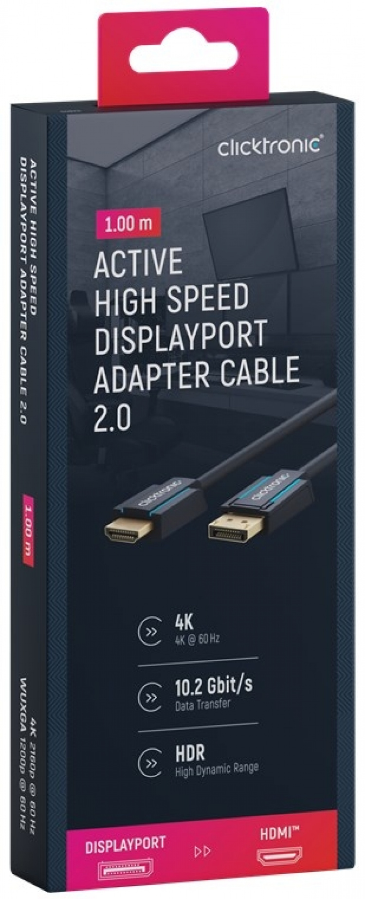 ClickTronic Aktiivinen DisplayPort™ HDMI™ (4K/60Hz) -sovitinkaapeli Premium-kaapeli | 1x DisplayPort™-liitin >> 1x HDMI™-liitin | 1,0 m | 4K @ 60 Hz