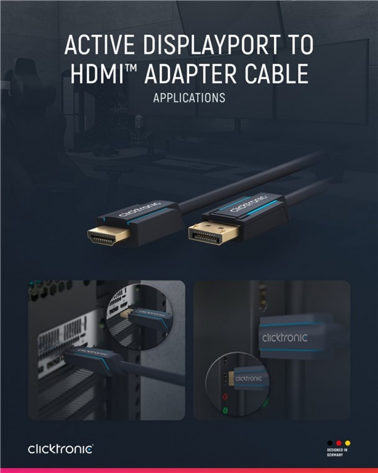 ClickTronic Aktiivinen DisplayPort™ HDMI™ (4K/60Hz) -sovitinkaapeli Premium-kaapeli | 1x DisplayPort™-liitin >> 1x HDMI™-liitin | 1,0 m | 4K @ 60 Hz