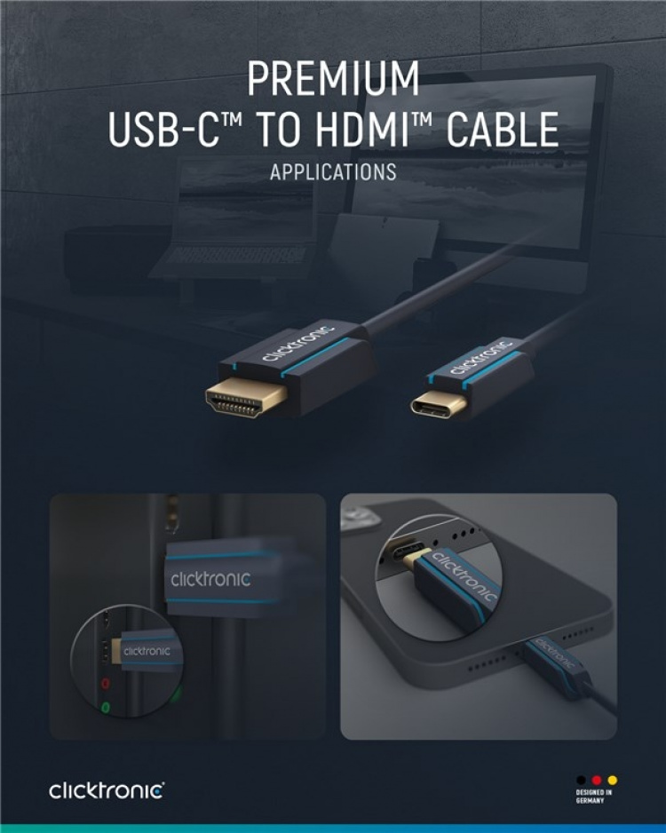 ClickTronic Adapterkabel från USB-C™ till HDMI™ Premiumkabel | USB-C™-kontakt HDMI™-kontakt | 3,0 m | 4K @ 60 Hz ClickTronic Adapterkabel från USB-C™ till HDMI™ Premiumkabel | USB-C™-kontakt HDMI™-kontakt | 3,0 m | 4K @ 60 Hz