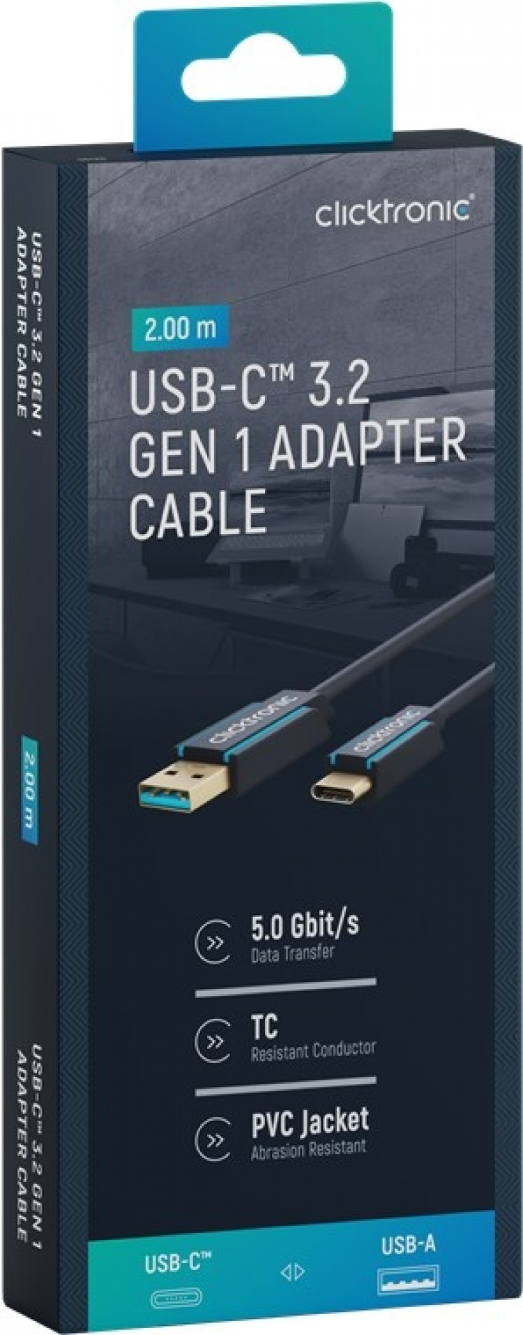ClickTronic Adapterkabel från USB-C™ till USB-A 3.2 Gen 1 Premiumkabel | USB-C™-kontakt USB-A 3.0-kontakt | 2,0 m | 5 Gbit/s