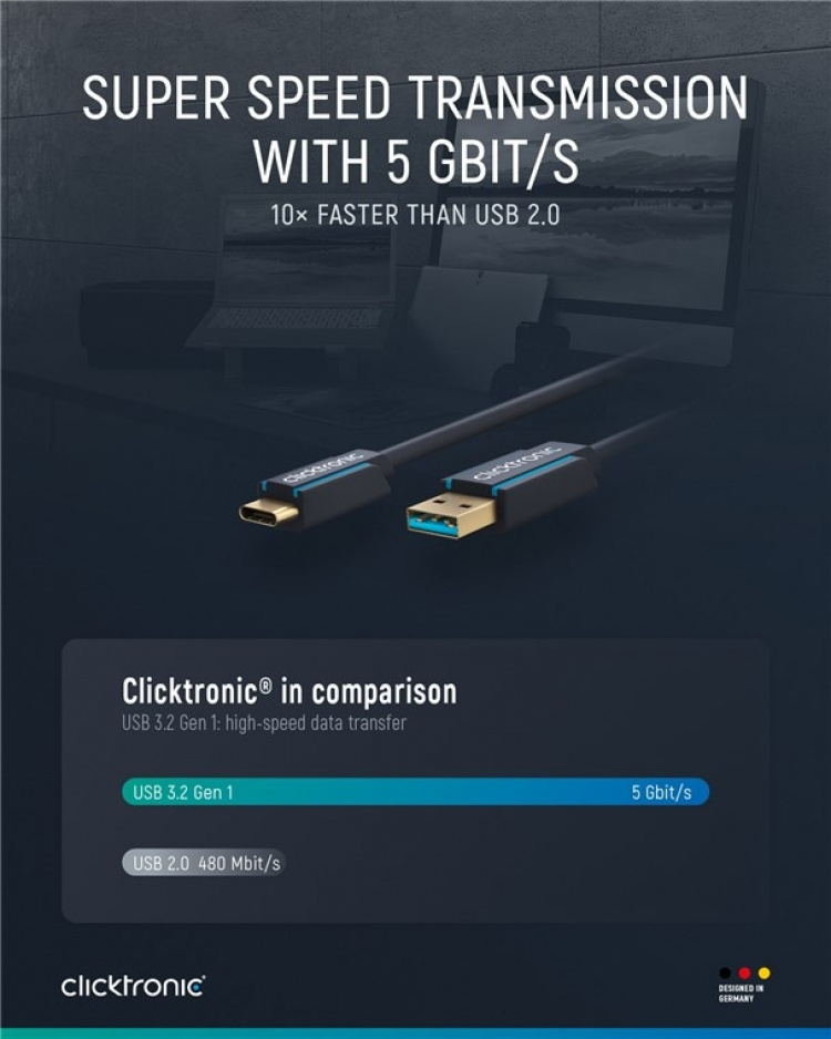 ClickTronic Adapterkabel från USB-C™ till USB-A 3.2 Gen 1 Premiumkabel | USB-C™-kontakt USB-A 3.0-kontakt | 2,0 m | 5 Gbit/s