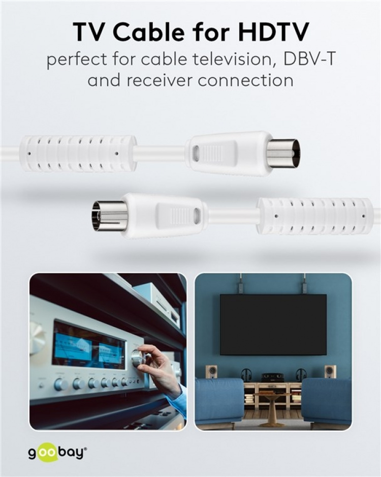 Goobay Antennkabel med ferrit (80 dB), dubbelskärmad koaxial-plugg > koaxial-plugg (helt skärmad)